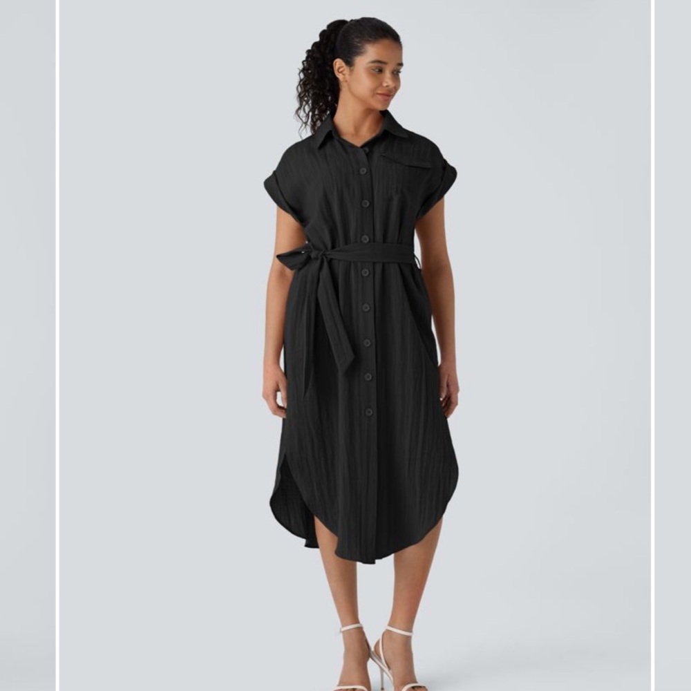 Halara Collared Short Sleeve Button Belted Curved Hem Midi Work Linen-Feel Dress